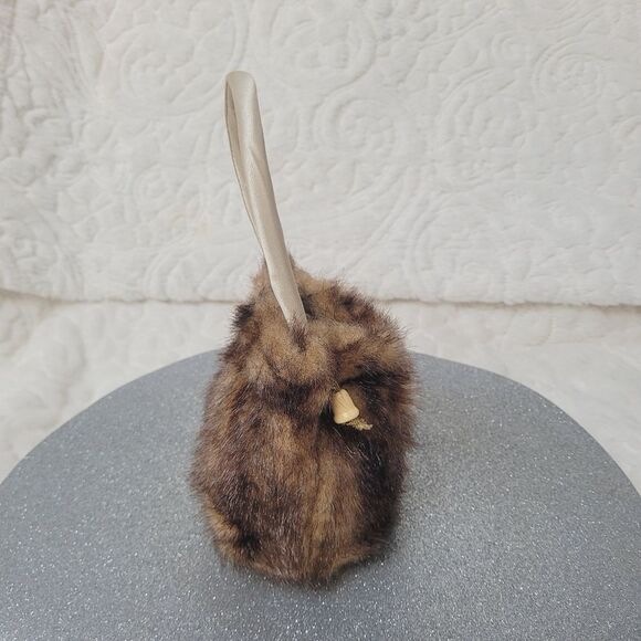 Brown Faux Fur Purse Drawstring Top Small Bag Satin Lined Rigid Handle Holiday - Picture 3 of 8